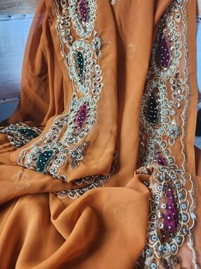 Shadi Rangoli Wedding Saree Embroidered With  Beadwork Terracotta